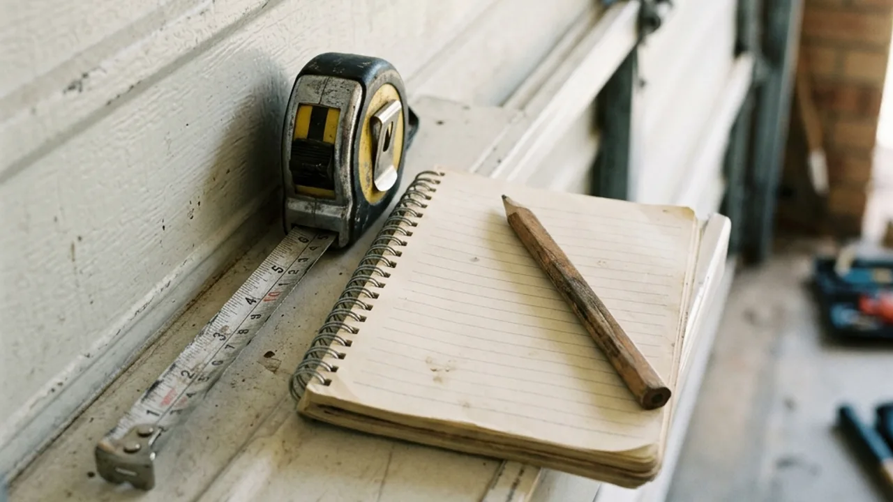 Tape measure and notepad on a garage door panel