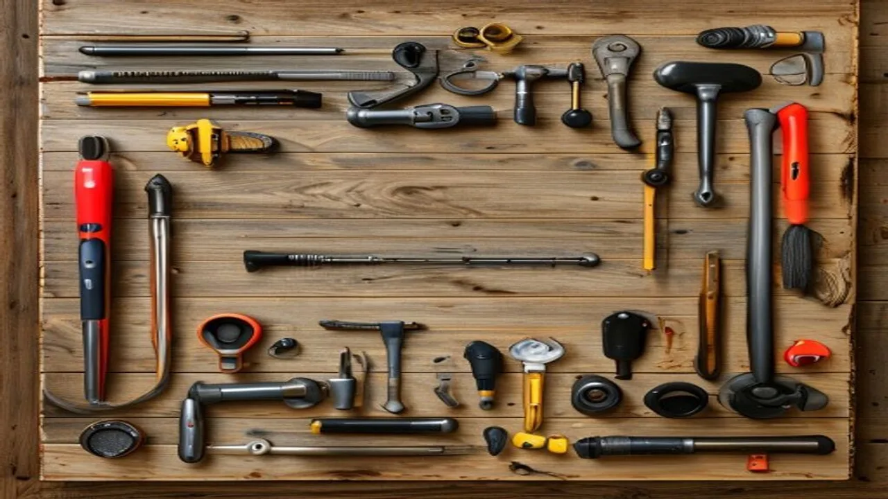 Garage door tools and parts on a workbench